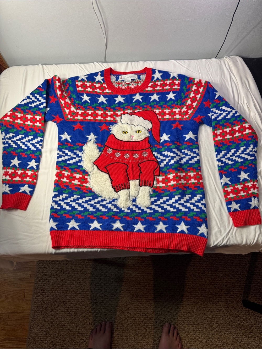Women’s Red & Blue Crewneck Holiday Cat Sweater
